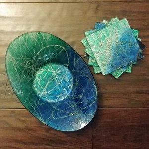 Unique hand painted dish and 6 coasters